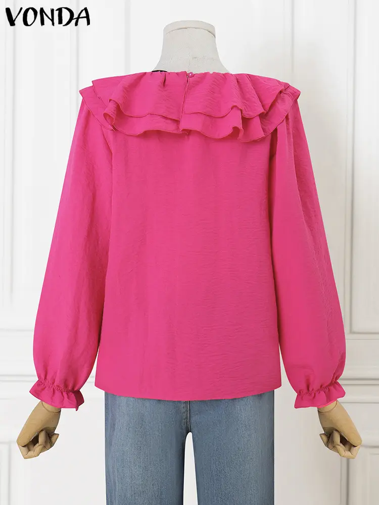 VONDA Women Blouses 2024 Casual Lantern Long Sleeve Ruffled Tops Elegant Round Neck Blusas Sweety Solid Color Tops Loose Tunic