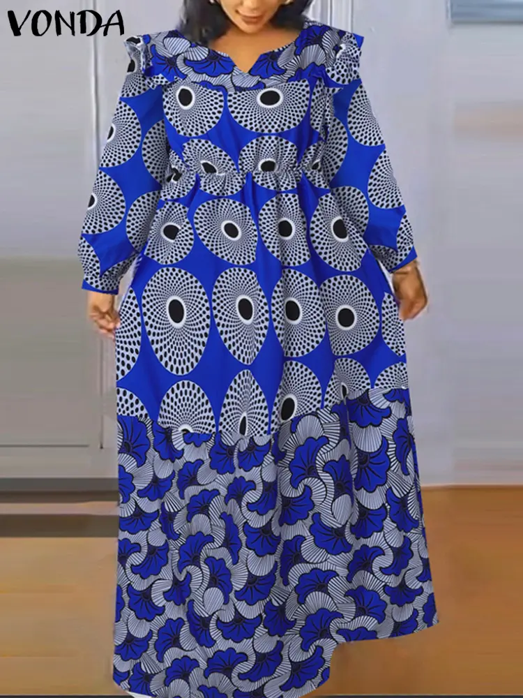 VONDA Bohemian Maxi Long Dress Women Elegant Printing Sundress Long Lantern Sleeve V Neck Vestidos Holiday Robe Oversized