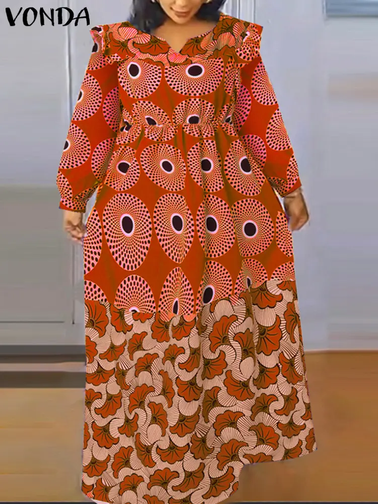 VONDA Bohemian Maxi Long Dress Women Elegant Printing Sundress Long Lantern Sleeve V Neck Vestidos Holiday Robe Oversized