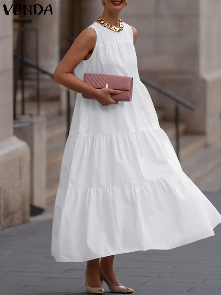 VONDA Fashion Long Shirt Dress Women Sleeveless Maxi Sundress 2025 Summer Party Vestidos O-Neck Causal Loose Solid Ruffled Robe