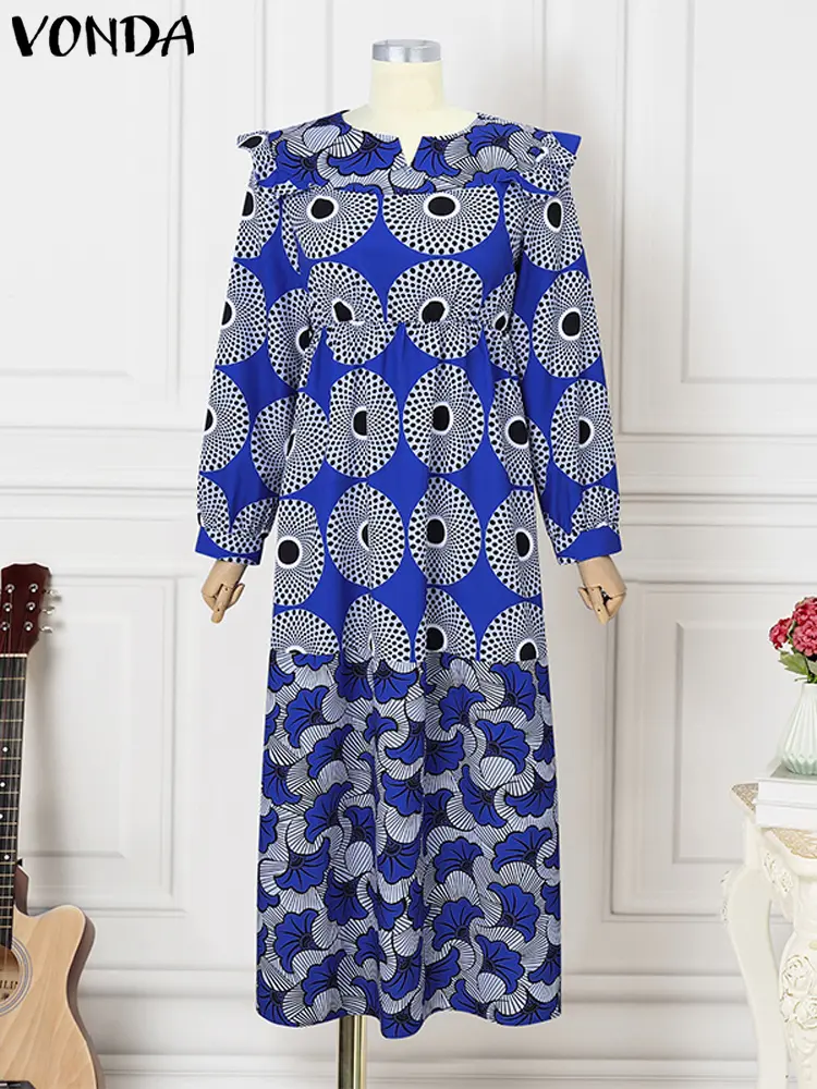 VONDA Bohemian Maxi Long Dress Women Elegant Printing Sundress Long Lantern Sleeve V Neck Vestidos Holiday Robe Oversized