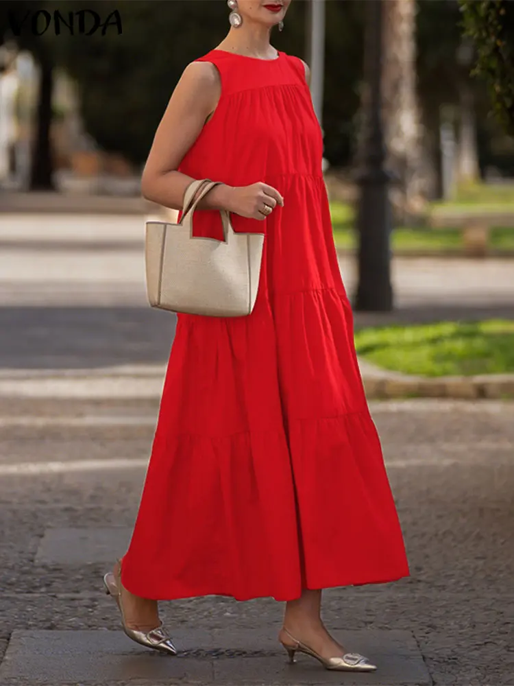 VONDA Fashion Long Shirt Dress Women Sleeveless Maxi Sundress 2025 Summer Party Vestidos O-Neck Causal Loose Solid Ruffled Robe