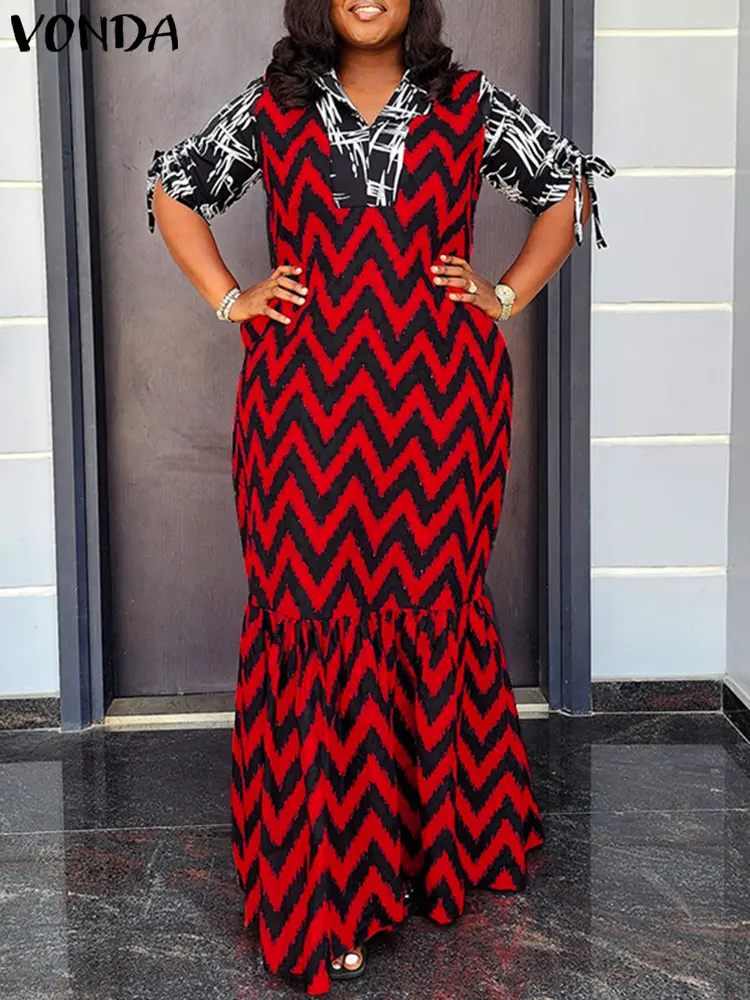VONDA Bohemian Printed Long Dress Women Summer Sundress 2025 Vintage Half Sleeve Casual Maxi Vestidos V-Neck Ruffled Party Robe