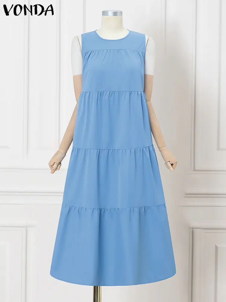 VONDA Fashion Long Shirt Dress Women Sleeveless Maxi Sundress 2025 Summer Party Vestidos O-Neck Causal Loose Solid Ruffled Robe