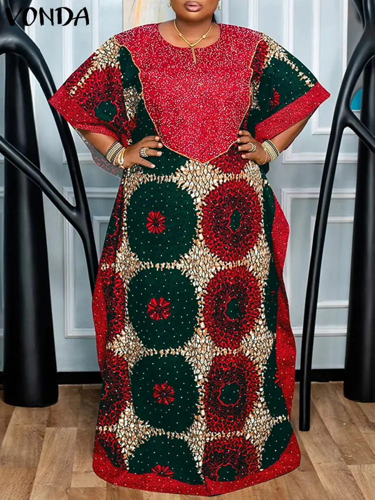 VONDA 2025 Summer Sundress Women Bohemian Long Maxi Dress Patchwork Printed Party Vestidos Half Bat Sleeve Casual Loose Robe