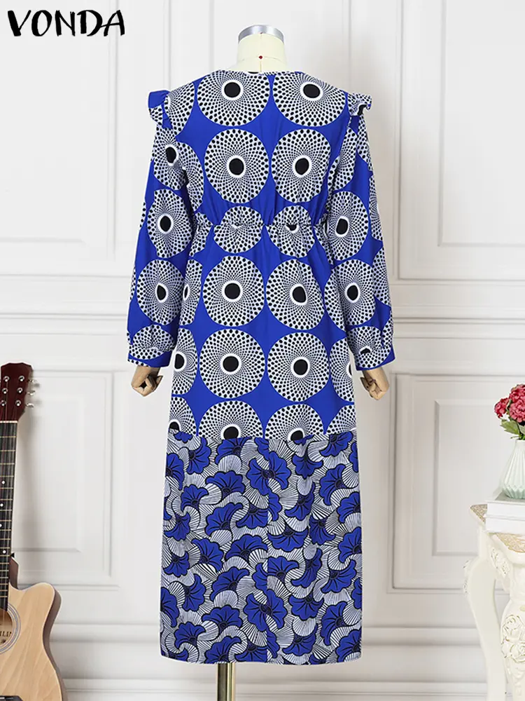 VONDA Bohemian Maxi Long Dress Women Elegant Printing Sundress Long Lantern Sleeve V Neck Vestidos Holiday Robe Oversized