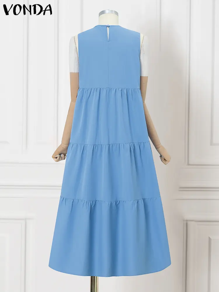 VONDA Fashion Long Shirt Dress Women Sleeveless Maxi Sundress 2025 Summer Party Vestidos O-Neck Causal Loose Solid Ruffled Robe