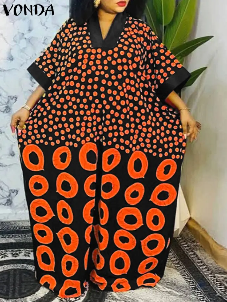 VONDA Bohemian Print Dress Women Summer Maxi Long Sundress 2025 Vintage V-Neck Half Sleeve Casual Loose Polka Dot Party Vestidos