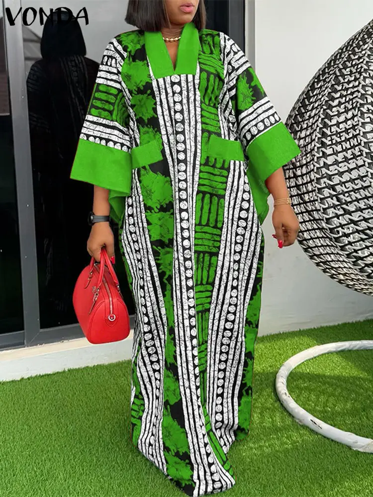 VONDA Vintage Print Dress Women Summer Loose Maxi Vestidos 2025 Fashion V-Neck 3/4 Sleeve Casual Oversized Bohemian Long Robe