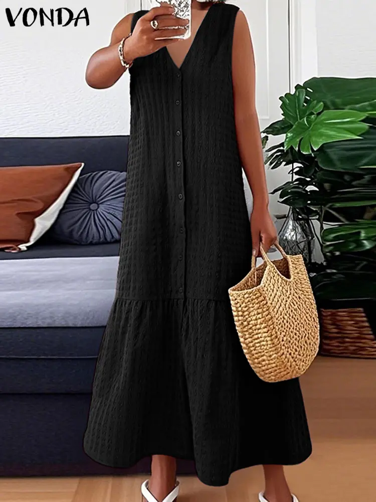 VONDA 2025 Women Summer Maxi Dress Sleeveless Long Sundress Casual Solid Color Tank Robe Bohemian V-Neck Party Beach Vestidos