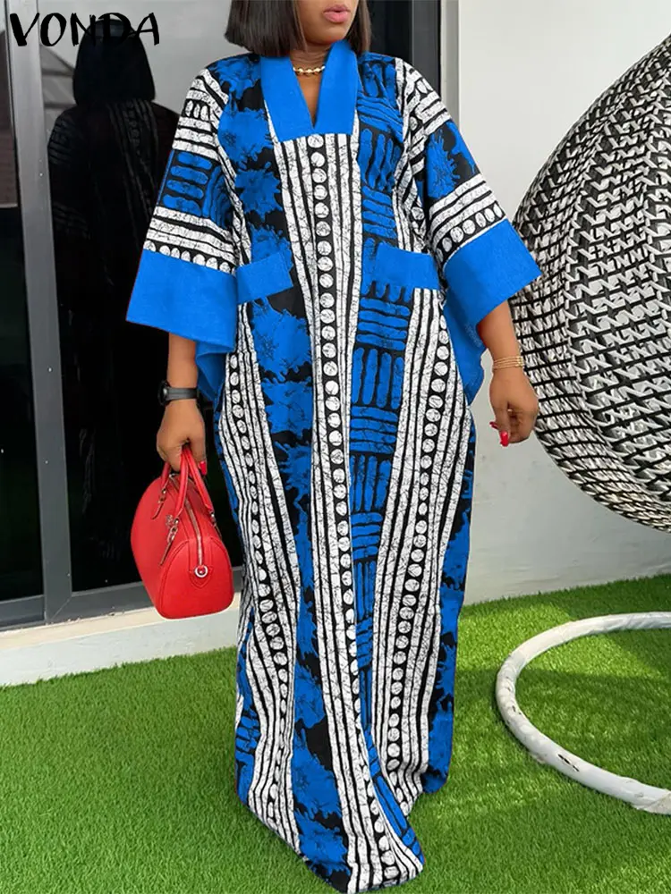 VONDA Vintage Print Dress Women Summer Loose Maxi Vestidos 2025 Fashion V-Neck 3/4 Sleeve Casual Oversized Bohemian Long Robe