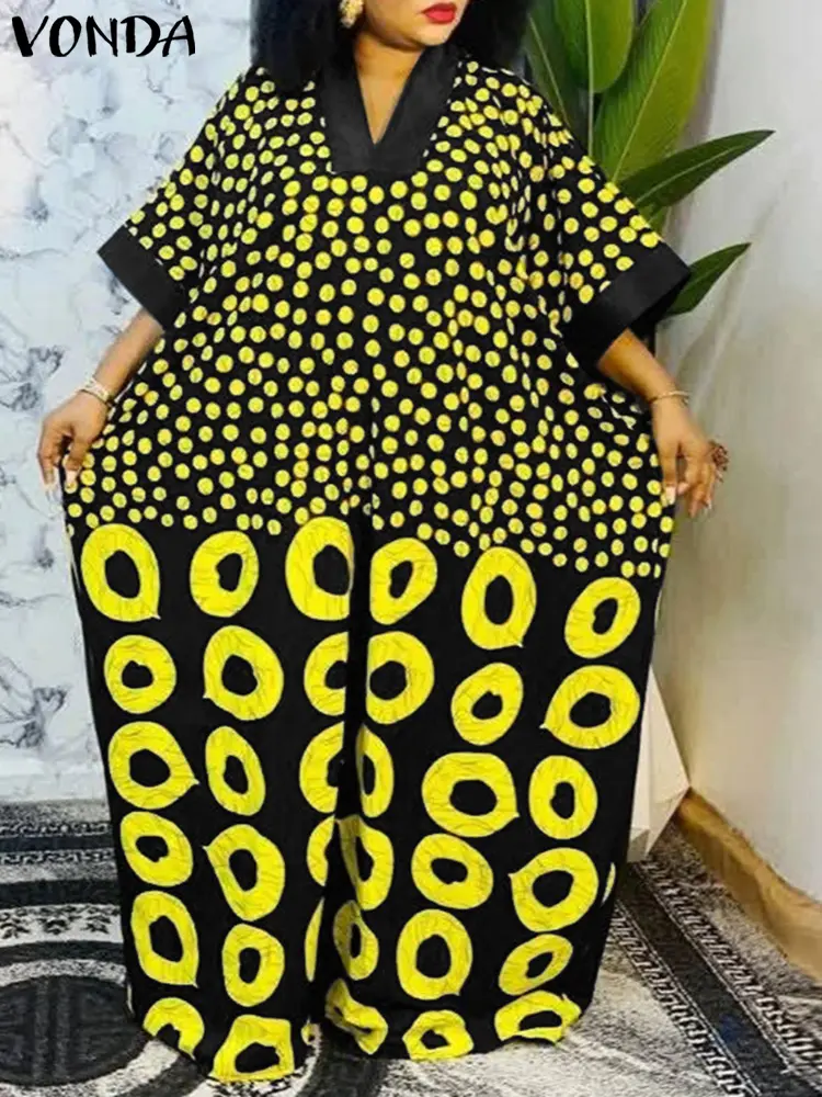 VONDA Bohemian Print Dress Women Summer Maxi Long Sundress 2025 Vintage V-Neck Half Sleeve Casual Loose Polka Dot Party Vestidos