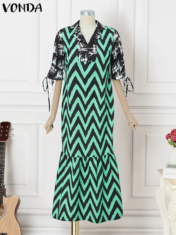 VONDA Bohemian Printed Long Dress Women Summer Sundress 2025 Vintage Half Sleeve Casual Maxi Vestidos V-Neck Ruffled Party Robe