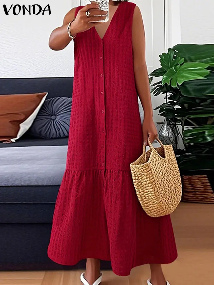 VONDA 2025 Women Summer Maxi Dress Sleeveless Long Sundress Casual Solid Color Tank Robe Bohemian V-Neck Party Beach Vestidos