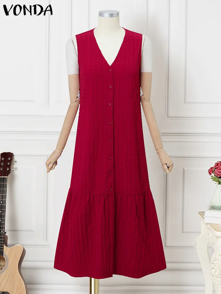 VONDA 2025 Women Summer Maxi Dress Sleeveless Long Sundress Casual Solid Color Tank Robe Bohemian V-Neck Party Beach Vestidos