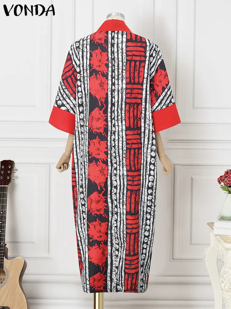 VONDA Vintage Print Dress Women Summer Loose Maxi Vestidos 2025 Fashion V-Neck 3/4 Sleeve Casual Oversized Bohemian Long Robe