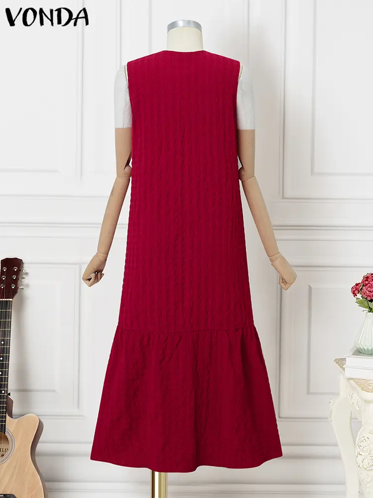 VONDA 2025 Women Summer Maxi Dress Sleeveless Long Sundress Casual Solid Color Tank Robe Bohemian V-Neck Party Beach Vestidos