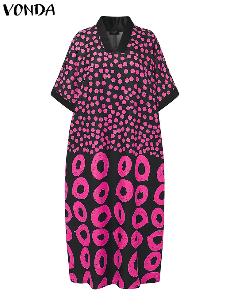 VONDA Bohemian Print Dress Women Summer Maxi Long Sundress 2025 Vintage V-Neck Half Sleeve Casual Loose Polka Dot Party Vestidos