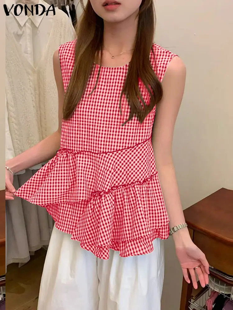 Summer Casual Women Tanks Sleeveless Ruffles Plaid Tops Tee VONDA Party Female Camis Blusas Streetwear Tops Oversize