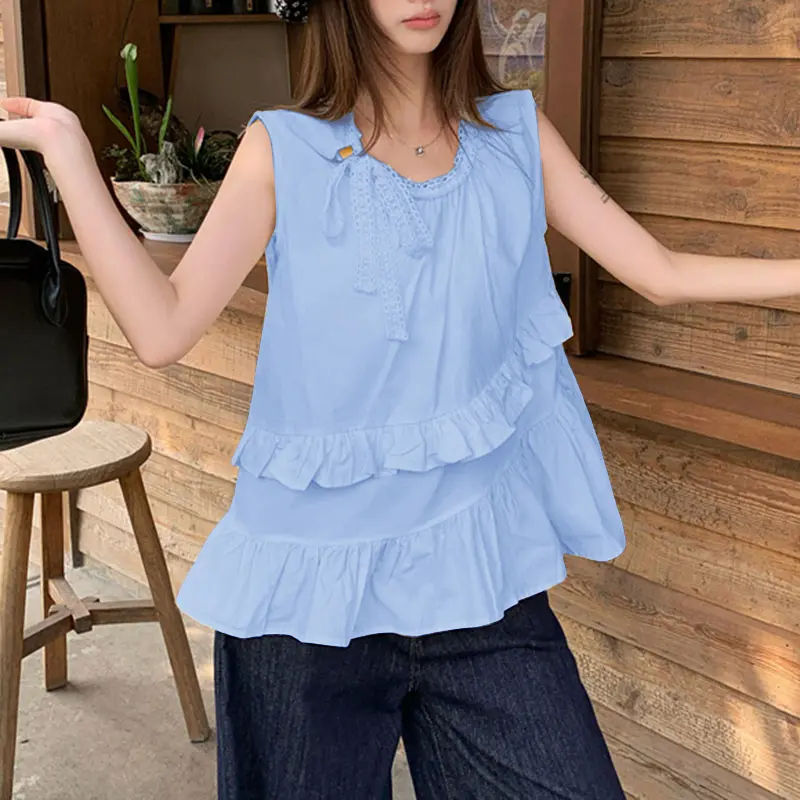 VONDA Summer Tanks Tops 2025 Women Sexy Sleeveless Lace Ruffled Tees Fashion Tunic Shirts Solid Color Shirts Round Neck Blusas