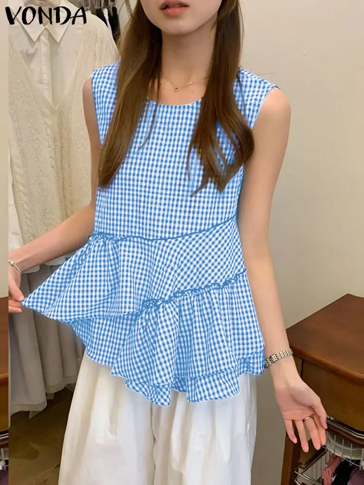 Summer Casual Women Tanks Sleeveless Ruffles Plaid Tops Tee VONDA Party Female Camis Blusas Streetwear Tops Oversize