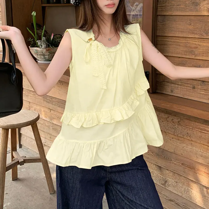 VONDA Summer Tanks Tops 2025 Women Sexy Sleeveless Lace Ruffled Tees Fashion Tunic Shirts Solid Color Shirts Round Neck Blusas