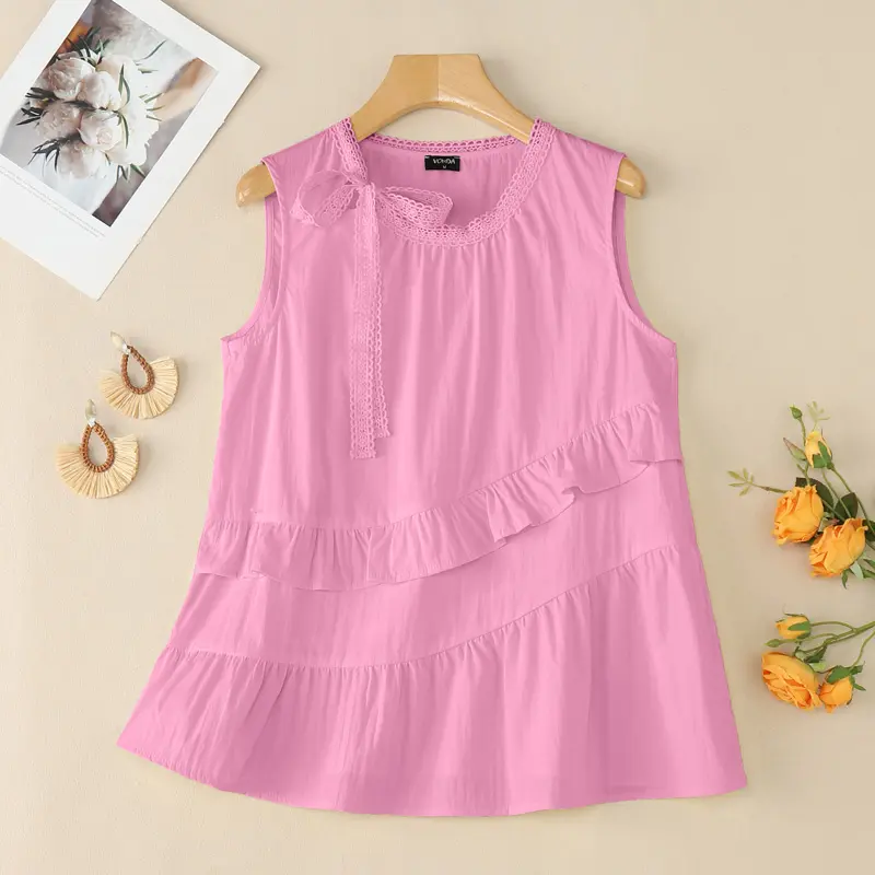 VONDA Summer Tanks Tops 2025 Women Sexy Sleeveless Lace Ruffled Tees Fashion Tunic Shirts Solid Color Shirts Round Neck Blusas