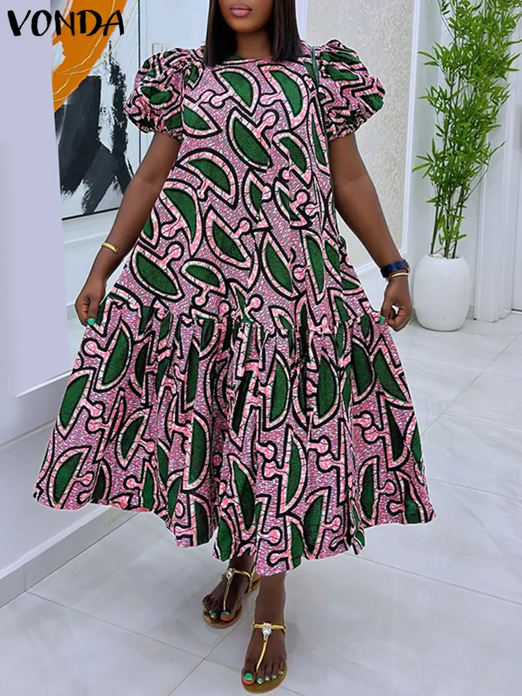 VONDA Women Summer Long Dress Vintage Print Party Sundress 2025 Fashion Puff Sleeve Ruffled Loose Vestido Casual Midi Robe Femme