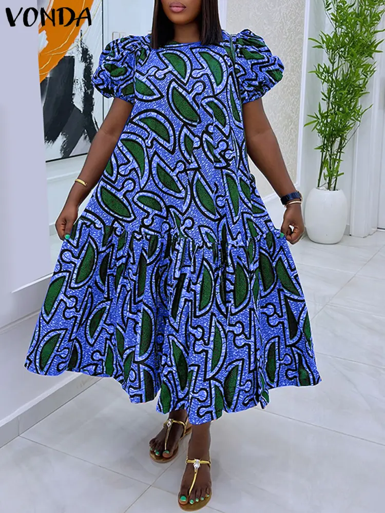 VONDA Women Summer Long Dress Vintage Print Party Sundress 2025 Fashion Puff Sleeve Ruffled Loose Vestido Casual Midi Robe Femme