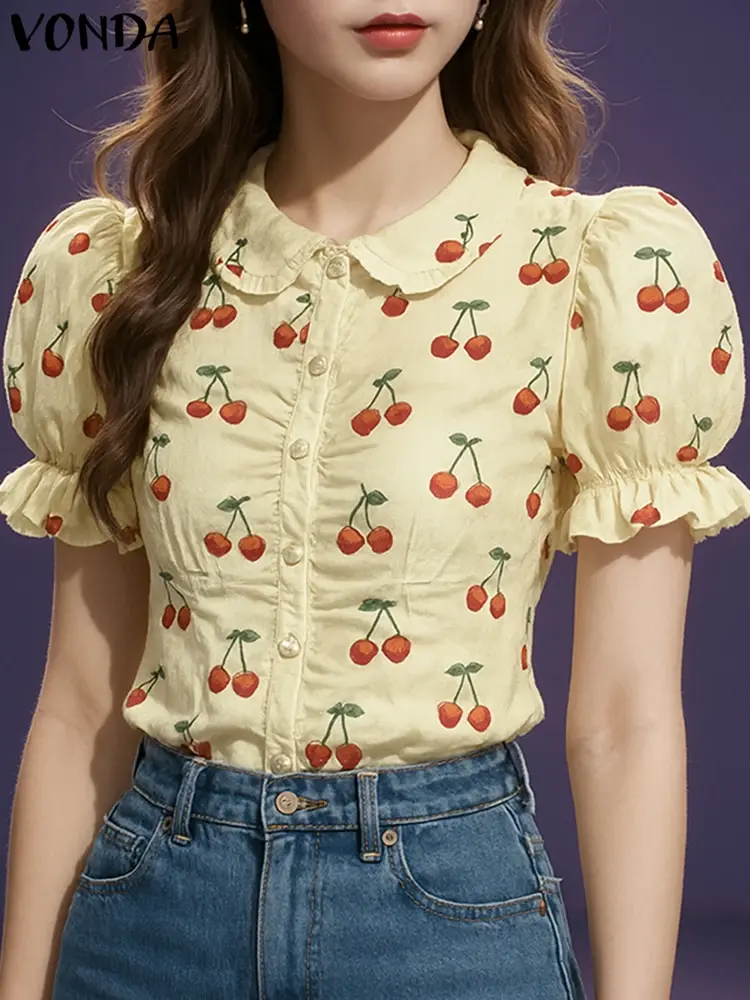 Fashion VONDA Print Tops Women Shirt Summer  Short Sleeve Blusas Buttons Streetwear Oversize Party Tunic Women's Clothing