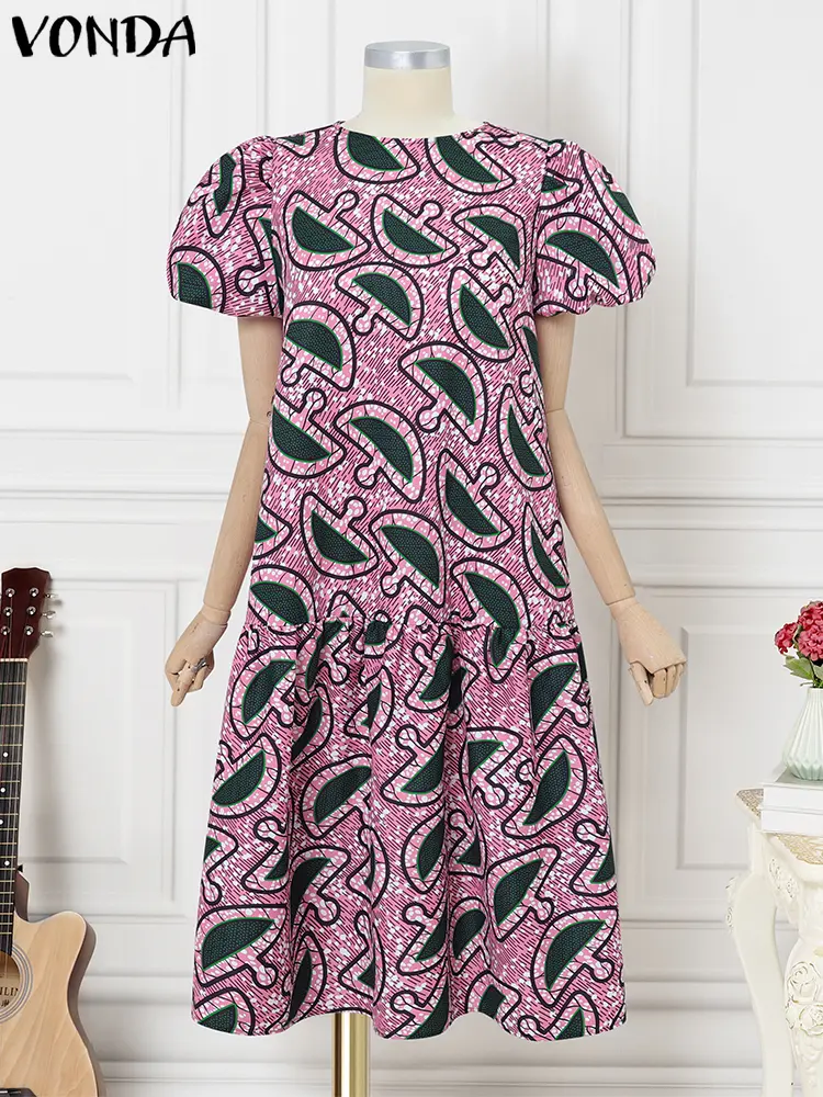 VONDA Women Summer Long Dress Vintage Print Party Sundress 2025 Fashion Puff Sleeve Ruffled Loose Vestido Casual Midi Robe Femme