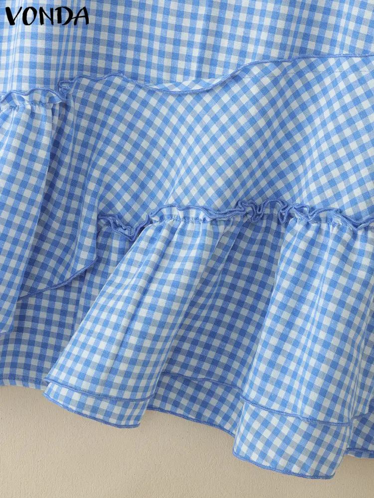 Summer Casual Women Tanks Sleeveless Ruffles Plaid Tops Tee VONDA Party Female Camis Blusas Streetwear Tops Oversize