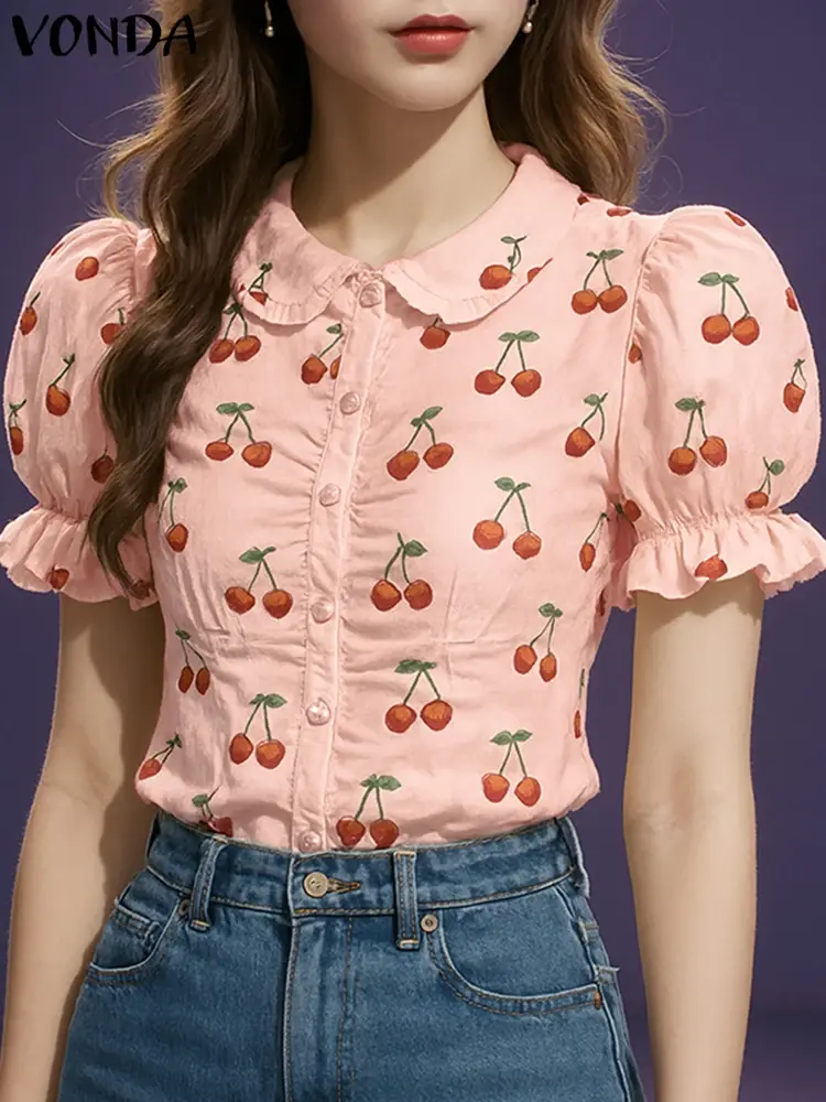 Fashion VONDA Print Tops Women Shirt Summer  Short Sleeve Blusas Buttons Streetwear Oversize Party Tunic Women's Clothing