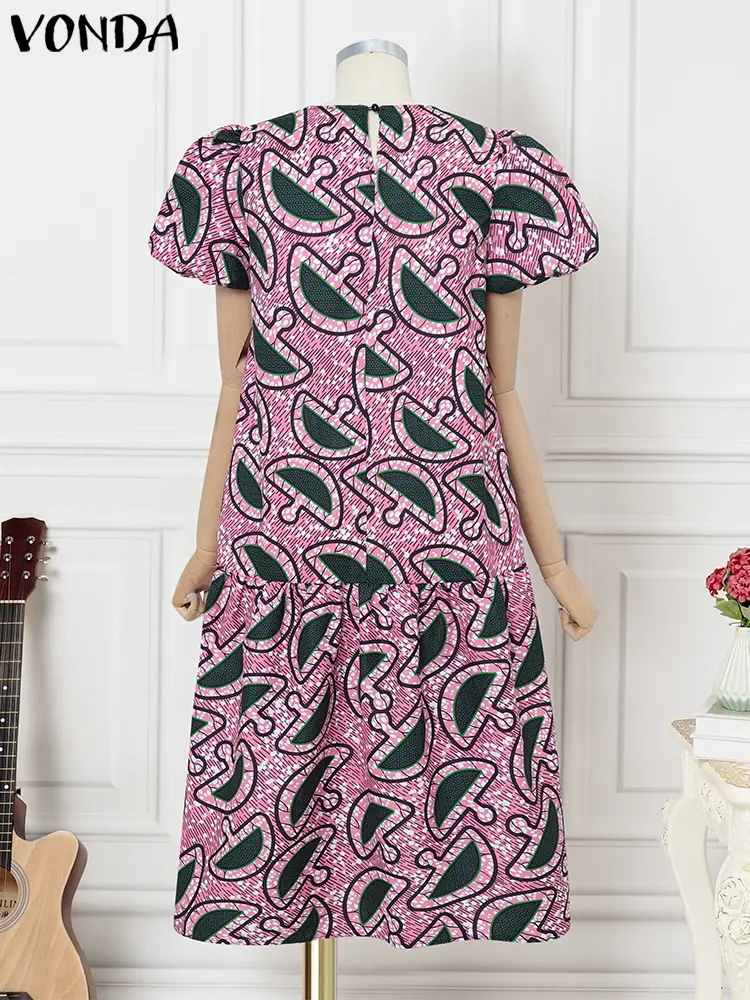 VONDA Women Summer Long Dress Vintage Print Party Sundress 2025 Fashion Puff Sleeve Ruffled Loose Vestido Casual Midi Robe Femme