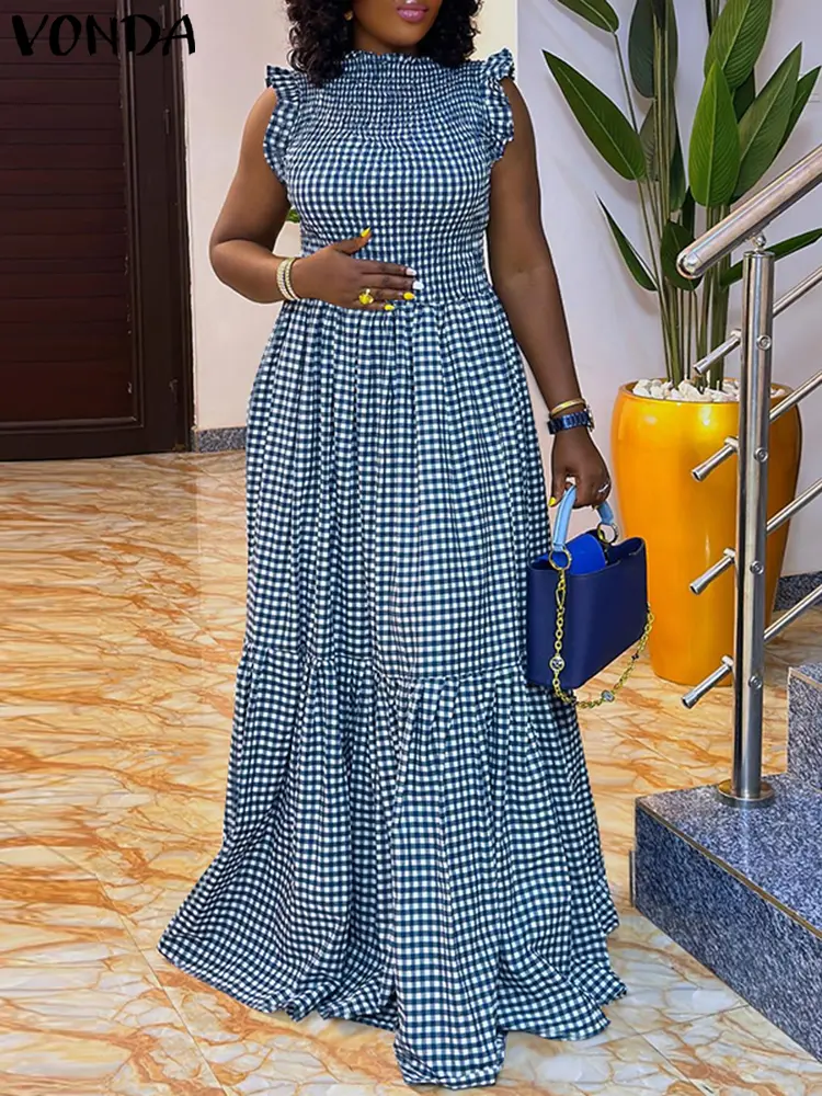VONDA 2025 Summer Plaid Maxi Dress Women Pleated Long Sundress Elegant Sexy Sleeveless Party Vestido Waisted Casual Ruffled Robe