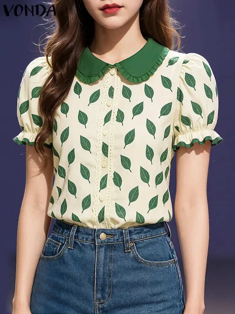 Streetwear VONDA Summer Tops Tee Short Sleeve Puff Sleeve Women Shirt Buttons Fashion Print Shirts Blusas  Oversize Tunic S-3XL