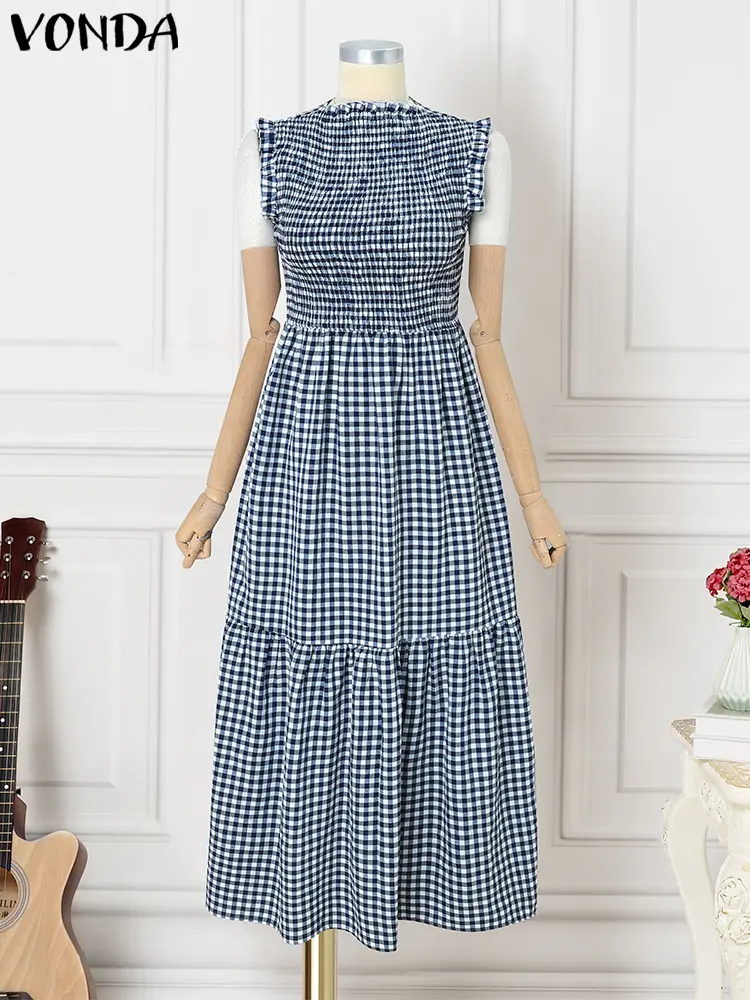 VONDA 2025 Summer Plaid Maxi Dress Women Pleated Long Sundress Elegant Sexy Sleeveless Party Vestido Waisted Casual Ruffled Robe