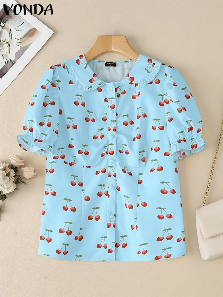 Fashion VONDA Print Tops Women Shirt Summer  Short Sleeve Blusas Buttons Streetwear Oversize Party Tunic Women's Clothing