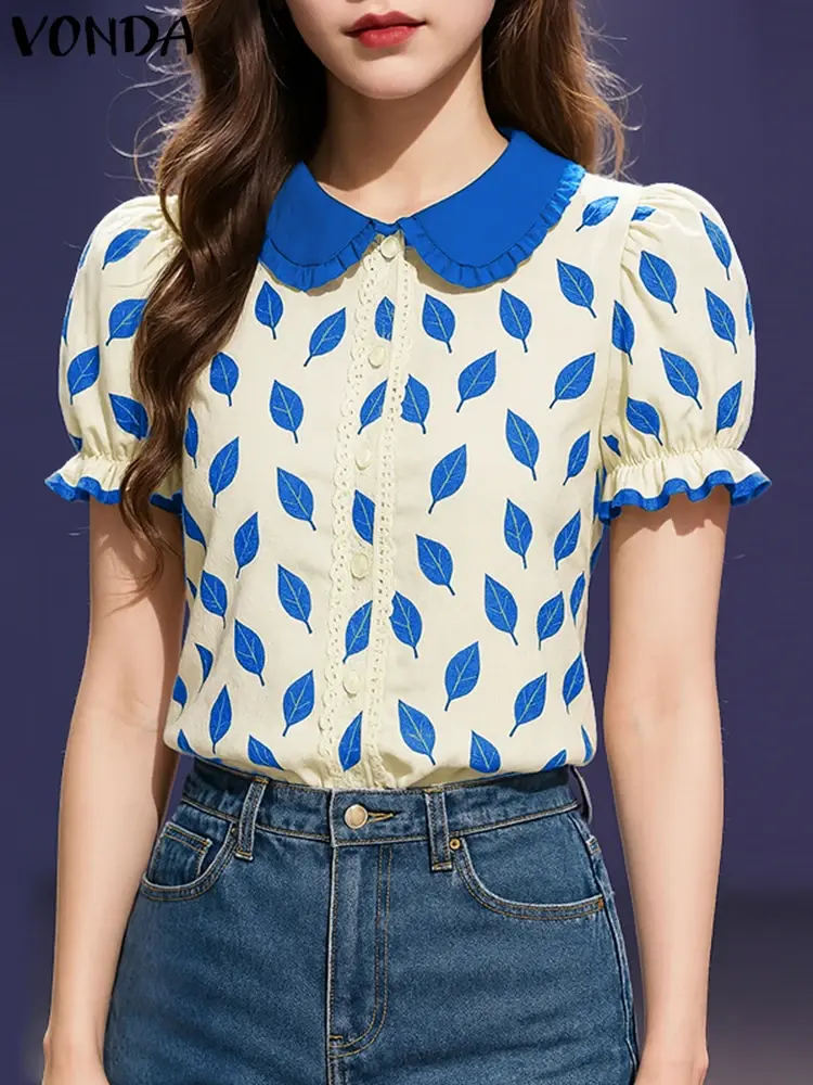 Streetwear VONDA Summer Tops Tee Short Sleeve Puff Sleeve Women Shirt Buttons Fashion Print Shirts Blusas  Oversize Tunic S-3XL