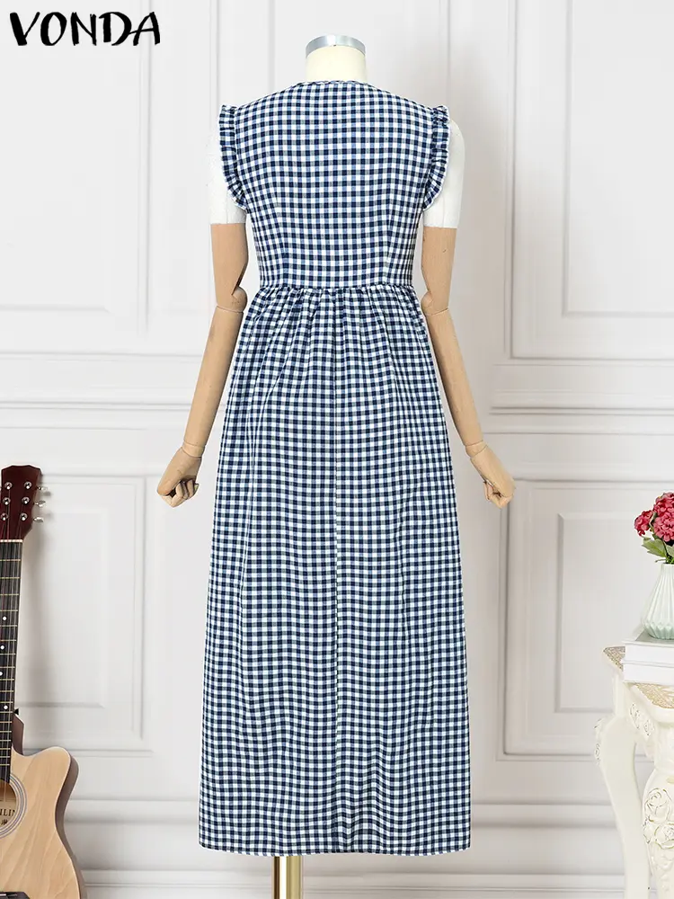 VONDA 2025 Summer Plaid Maxi Dress Women Pleated Long Sundress Elegant Sexy Sleeveless Party Vestido Waisted Casual Ruffled Robe