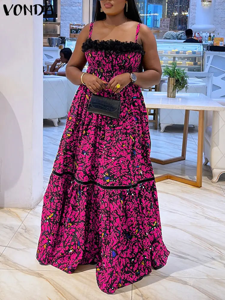 VONDA Bohemian Printed Dress 2025 Summer Women Strap Evening Sexy Lace Patchwork Party Sundress Casual Vestidos Pleated Robe
