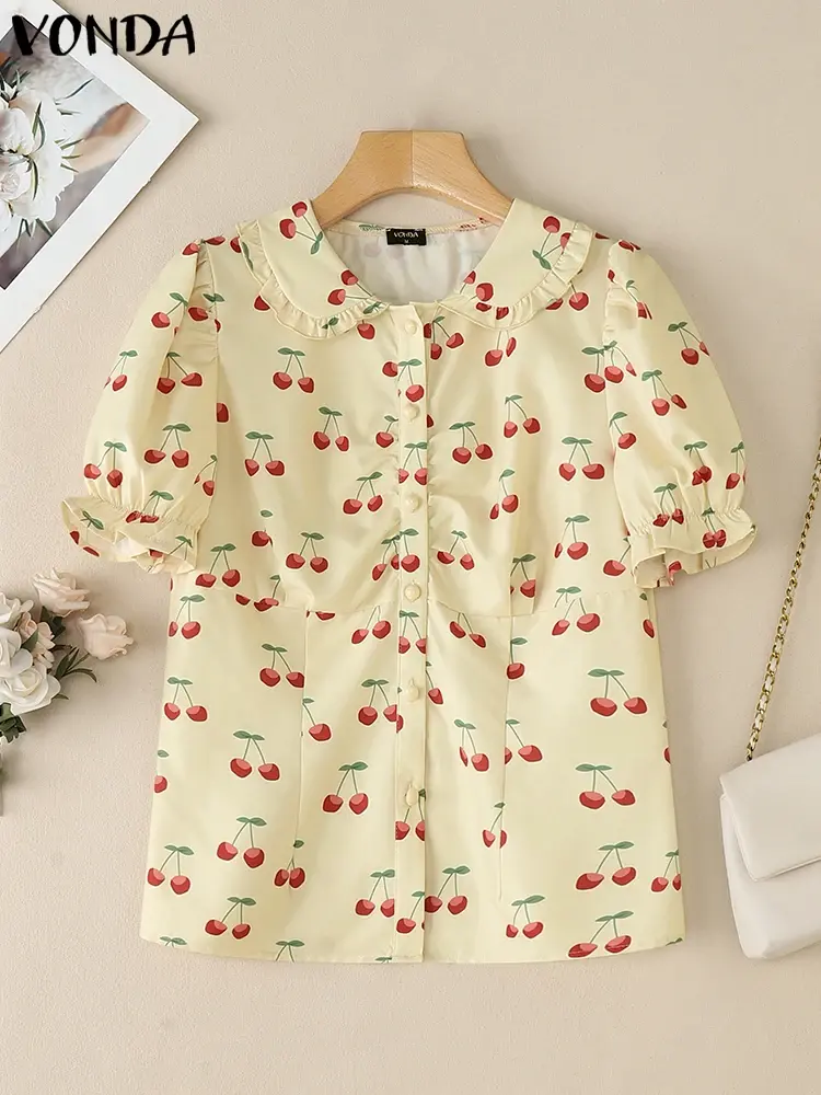 Fashion VONDA Print Tops Women Shirt Summer  Short Sleeve Blusas Buttons Streetwear Oversize Party Tunic Women's Clothing