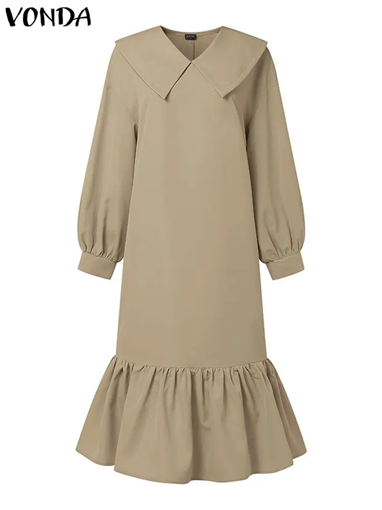 2025 Autumn Women Dresses VONDA Long Sleeve Peter Pan Collar Ruffled Midi Sundress Solid Color Casual Loose Oversized Vestidos