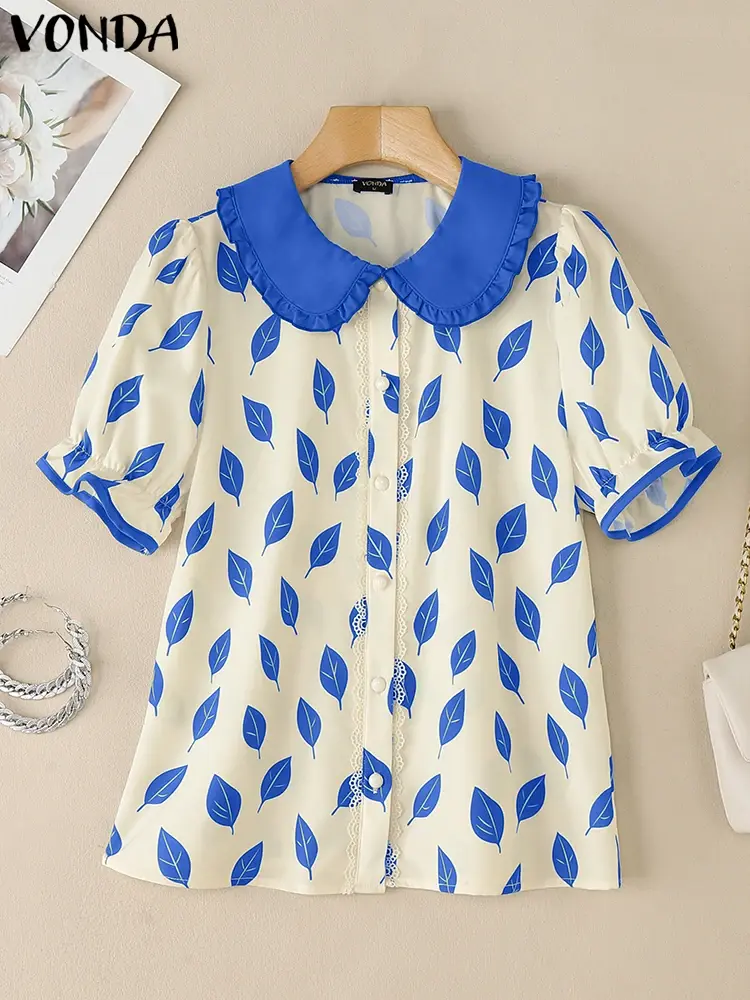 Streetwear VONDA Summer Tops Tee Short Sleeve Puff Sleeve Women Shirt Buttons Fashion Print Shirts Blusas  Oversize Tunic S-3XL