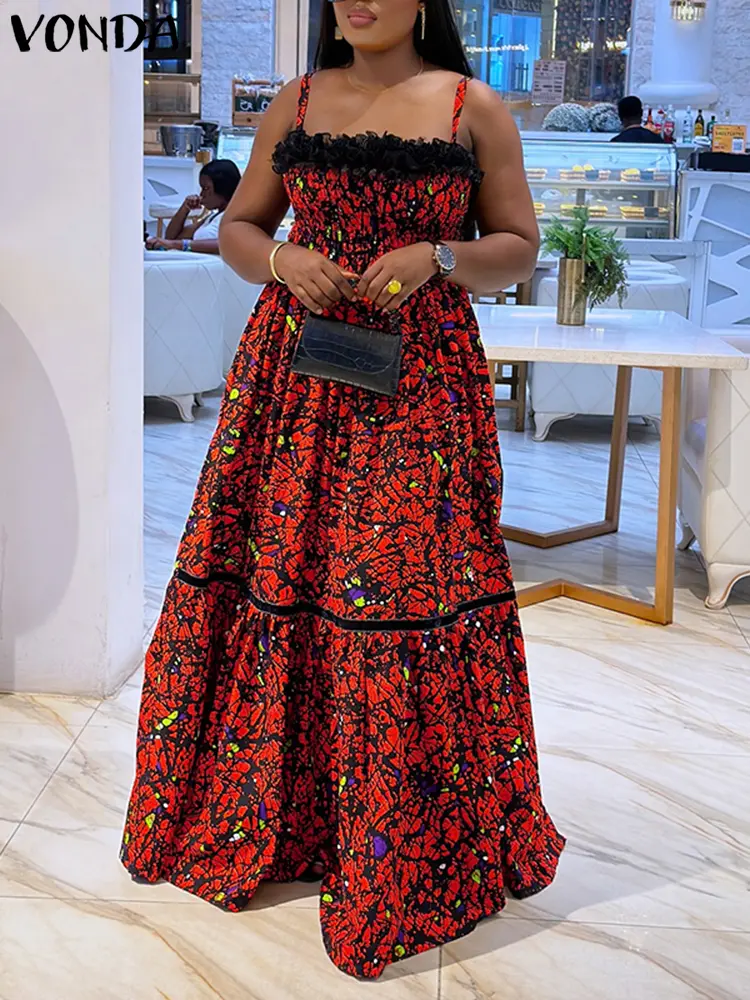 VONDA Bohemian Printed Dress 2025 Summer Women Strap Evening Sexy Lace Patchwork Party Sundress Casual Vestidos Pleated Robe