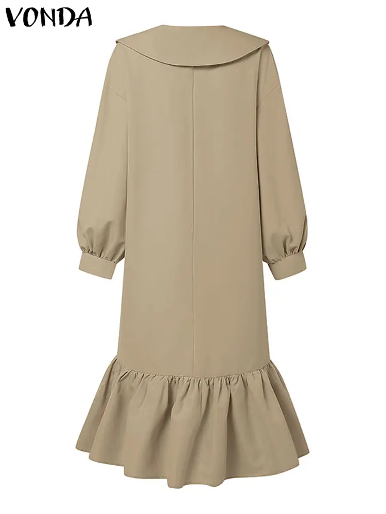 2025 Autumn Women Dresses VONDA Long Sleeve Peter Pan Collar Ruffled Midi Sundress Solid Color Casual Loose Oversized Vestidos