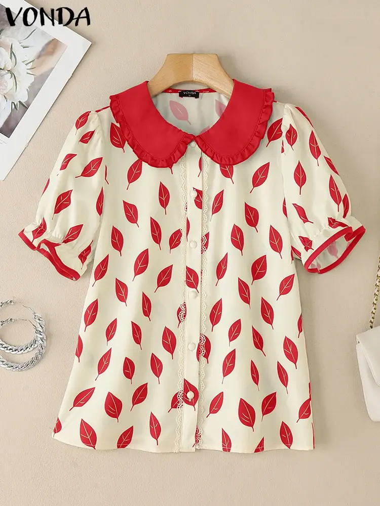 Streetwear VONDA Summer Tops Tee Short Sleeve Puff Sleeve Women Shirt Buttons Fashion Print Shirts Blusas  Oversize Tunic S-3XL