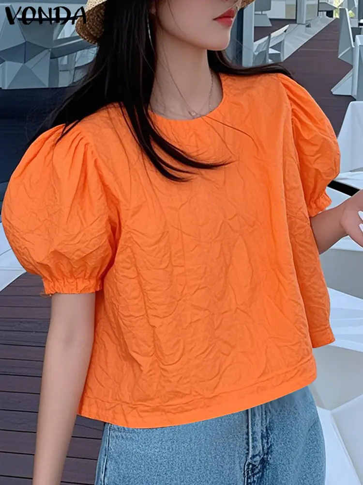 VONDA Summer Short Sleeve Blouses Women Solid Color Casual Loose Tops 2025 Fashion O Neck Tunic Puff Sleeve Korean Blusas Female