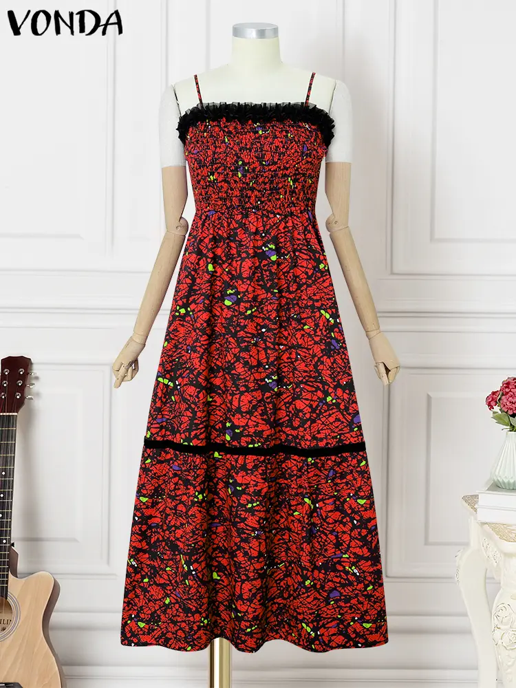 VONDA Bohemian Printed Dress 2025 Summer Women Strap Evening Sexy Lace Patchwork Party Sundress Casual Vestidos Pleated Robe