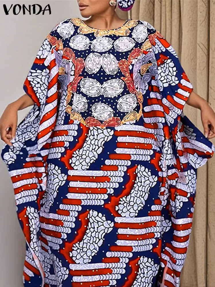 VONDA Bohemian Long Dress Women Printed Vintage Maxi Vestidos 2025 Summer Half Bat Sleeve Casual Loose Robe Oversized Sundress